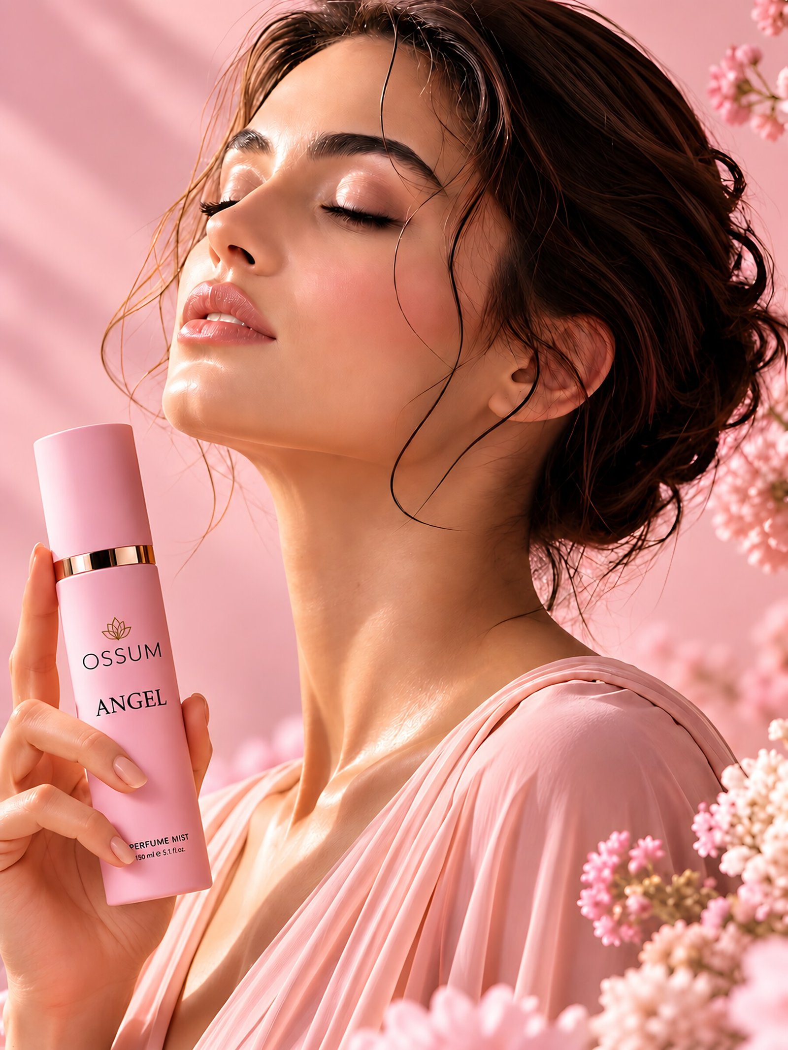 Woman holding OSSUM Angel perfume mist among pink blossoms
