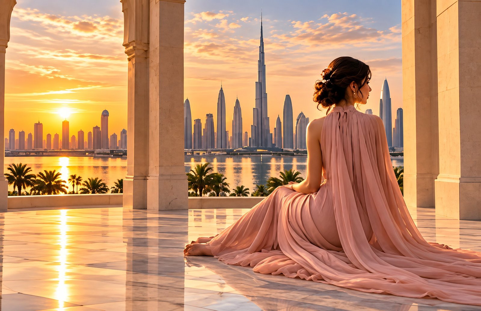 Woman in a flowing blush gown overlooking the Dubai skyline at sunset